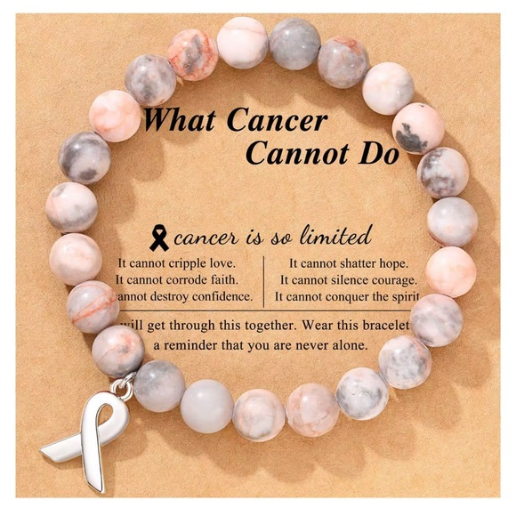 Jewelry - Pink and Gray Beaded Bracelet with Ribbon Charm Rhodochrosite